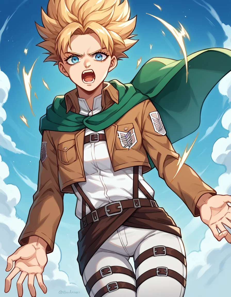 score_9, score_8_up, score_7_up, source_anime, <lora:super-saiyan-ponyxl-lora-nochekaiser:1>, super saiyan, spiky hair, aura, open mouth, closed hands, shouting, breast, <lora:paradis-military-uniform-ponyxl-lora-nochekaiser:1>, paradis military uniform, belt, cloak, cropped jacket, emblem, green cloak, jacket, long sleeves, pants, shirt, thigh strap, uniform, white pants, white shirt, brown jacket,, wasteland, sky, blue sky, clouds,, cowboy shot, dutch angle, looking at viewer,