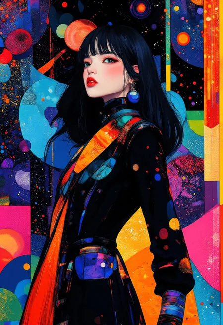A strikingly minimalist female model, her face adorned with bold geometric makeup in vibrant blues and oranges, inspired by the Art Deco era. Her sleek, futuristic couture outfit blends the elegance of 1920s high fashion with a modern cyberpunk twist. The clothing features sharp, clean lines with metallic holographic accents, glowing under the light. In the background, neon pinks, purples, and greens form abstract, hand-painted patterns, adding a surreal, futuristic energy. The borders of the image are sharp and asymmetric, evoking a balance between vintage elegance and futuristic edge.
break
Beautiful Scandinavian model, 20 years old, elegant face with natural beauty, femme fatale, sleek and sophisticated pose, fashion-forward look with a futuristic twist, calm and confident expression, her attire is stylish and minimal, complementing her form while maintaining a futuristic high couture edge, dynamic but understated pose, smooth and minimal makeup with sharp highlights to emphasize her natural features.
break
twisted torso pose, Natural Grace, (three quarter view:1), (from below:0.2), (dutch angle:0.2), upper body, detailed shot, wind effect, floating hair, Direct Eye Contact,
break
<lora:midjourney_whisper_avant_couture_v01:0.8>, <lora:midjourney_whisper_chromaplex_v1:0.3>, <lora:Midjourney_Whisper_AgateX_v1_epoch_20:0.4>,<lora:Luminous_Shadowscape:0.3>, <lora:RetroAnimeFluxV1:0.4>,