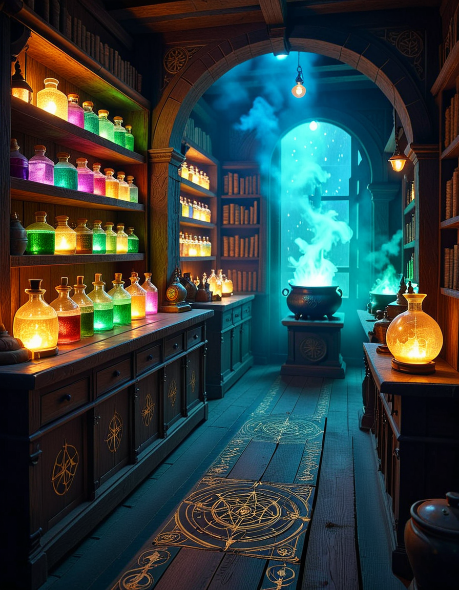 A dimly lit, mysterious alchemy shop filled with ancient books, glowing potions, and strange magical artifacts. Wooden shelves, covered in dust and cobwebs, are packed with glass bottles containing bubbling liquids in deep purples, shimmering golds, and eerie greens. The air is thick with swirling mist, and candlelight flickers, casting long shadows across the stone walls. In the foreground, an old wooden counter holds an open grimoire, alongside mortar and pestles, dried herbs, and mysterious symbols carved into the surface. Strange objects like a levitating crystal orb, a preserved dragonâs eye in a jar, and an enchanted dagger with glowing runes are displayed throughout the space. A bubbling cauldron in the corner emits a soft, eerie glow, illuminating the intricate arcane symbols on the floor. The atmosphere is dark, mystical, and full of ancient secrets, evoking a sense of forgotten magic and hidden knowledge.
<lora:SDXLFaeTastic2400:0.4> <lora:extremely_detailed:0.4> extremely detailed,<lora:mysterious_4lch3my_sh0p:1>,mysterious 4lch3my sh0p, Masterpiece,best quality,hi res,8k,hi res,8k,award winning,(sharp focus, intricate, highly detailed),