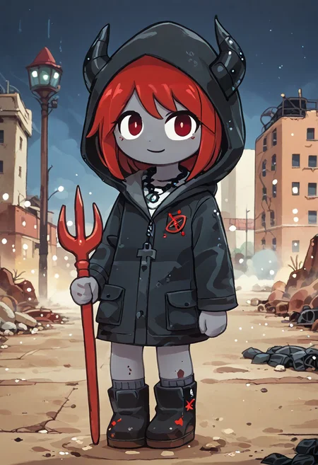 score_9, score_8_up, score_7_up, BREAK
highres, highly detailed, high resolution, high quality, 
source_anime, anime screencap, saturation, vivid colors, 
1girl, solo, luce, full body, standing, demon girl,
(dark red hair:1.2), (big dark red eyes:1.1), medium hair, cute, (grey skin:1.1), (horns:1.2), 
(black raincoat:1.1), hood, black rubber boots, 
pentagram necklace, holding one red trident, (red trident:1.2)
stkyswt,
In the style of TOK,
DSP, artist:DSP, mogeko,
pikaole,
blurry background, bokeh, city ruins background, street, dust, 
(outlines:1.2),