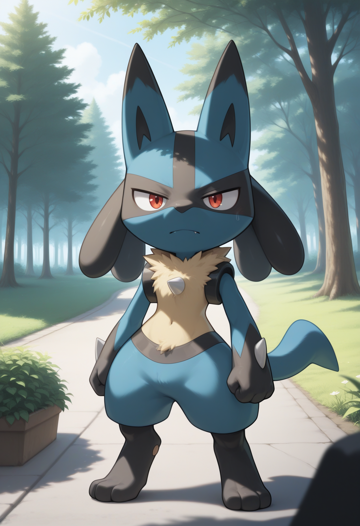 masterpiece,best quality,amazing quality, 1boy, solo, luc4r10, full bod, outside, tail, chibi, cute, annoyed,