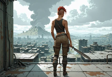 post apocalyptic raider holding a machete, red mohawk hair, scrap armor, woman, dirty, fallout, tank top, boots, sleeveless, standing on a rooftop looking down on a foggy ruined city, landscape, from behind, hand on hip
,lineless digital painting, solo
,masterpiece, best quality, <lora:Lineless_Digital_Painting_Style:1>âââ