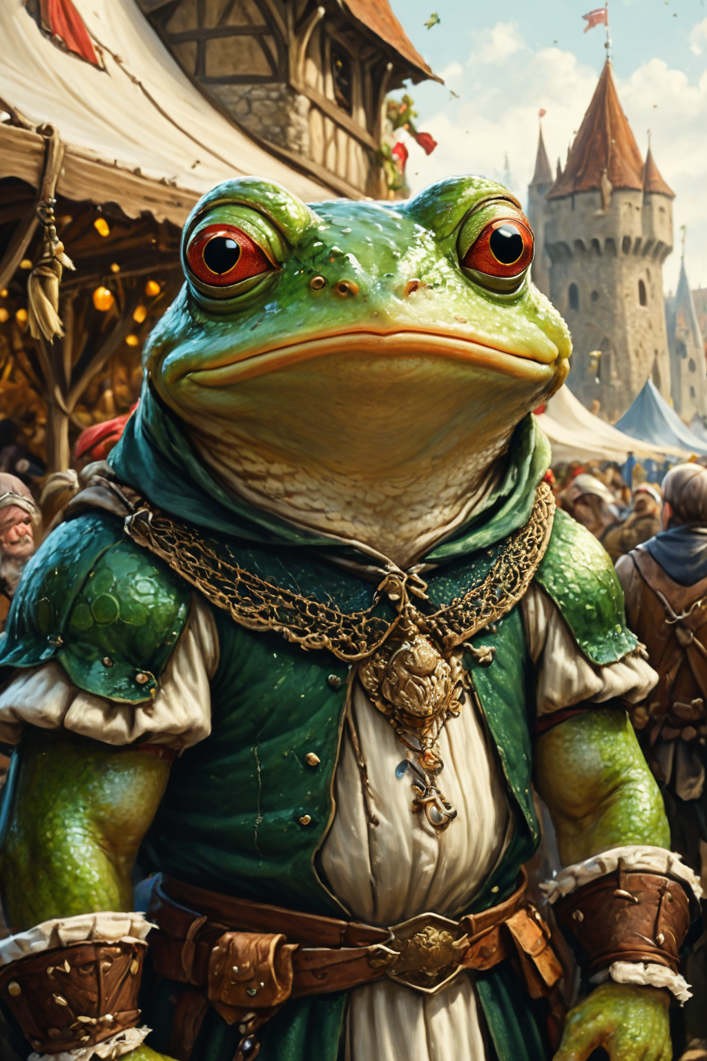 Detailed digital portrait of an anthro Frog at a Bustling medieval fair in full swing, <lora:xl_more_art-full_v1:0.5>,  <lora:The_Crazy_Style:0.7> <lora:anthro_muscular:0.7>