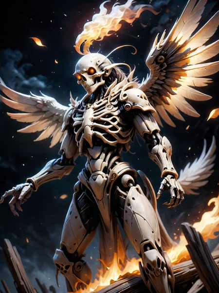 Mecha Skeletal fire infused raven flies through the night sky, behind it scatter trypophobic feathers, druidic style magic
