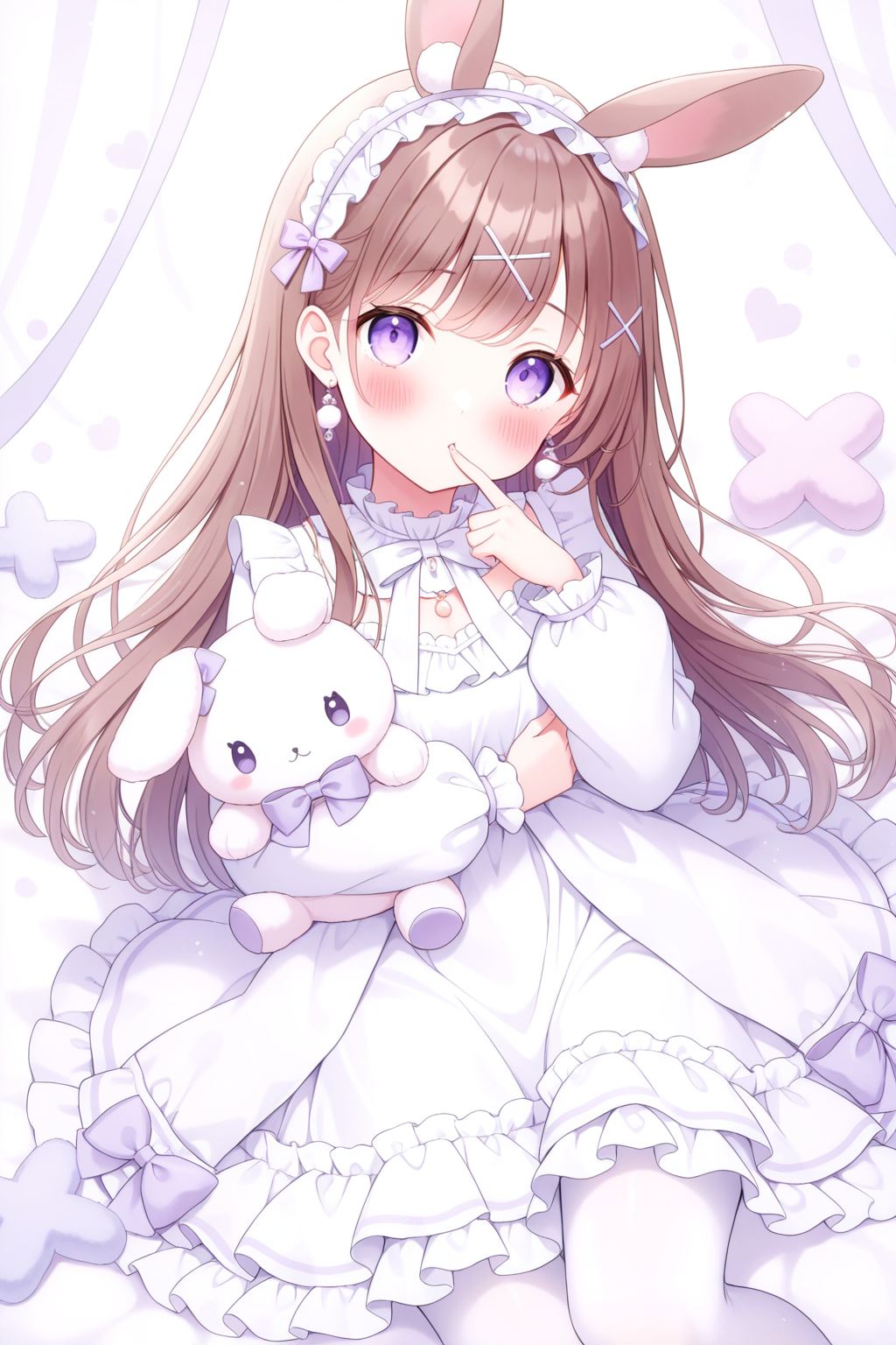 <lora:mersugar:1>, mersugar, 1girl, purple eyes, stuffed toy, solo, stuffed animal, dress, long hair, stuffed rabbit, pantyhose, brown hair, rabbit ears, white dress, x hair ornament, white pantyhose, finger to mouth, frilled dress, frills, looking at viewer, hair ornament, long sleeves, hairband, blush, jewelry, holding stuffed toy, earrings, bow, puffy sleeves