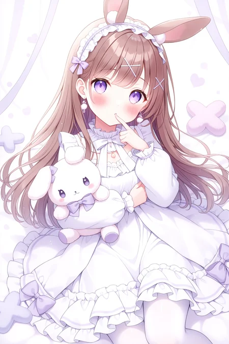 <lora:mersugar:1>, mersugar, 1girl, purple eyes, stuffed toy, solo, stuffed animal, dress, long hair, stuffed rabbit, pantyhose, brown hair, rabbit ears, white dress, x hair ornament, white pantyhose, finger to mouth, frilled dress, frills, looking at viewer, hair ornament, long sleeves, hairband, blush, jewelry, holding stuffed toy, earrings, bow, puffy sleeves