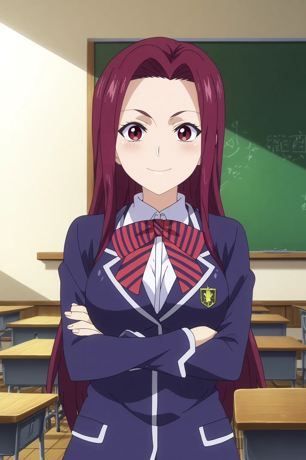 megumi tadokoro,1girl,solo,looking_at_viewer,purple hair, long hair,smile,breasts,school uniform,jacket,stripped bow,smile,blush,crossed arms,upper body BREAK indoors,japanese classroom,classroom,simple decor, organized shelves, neat rows, kanji on the board,windows,blue sky,Wooden floors, low desks, chalkboard, sliding doors, sunlight, quiet, neat rows,cowboy shot <lora:Sakaki_Ryoko_-_Food_Wars.safetensors:0.8> <lora:detailed_backgrounds_v2.safetensors:0.8>