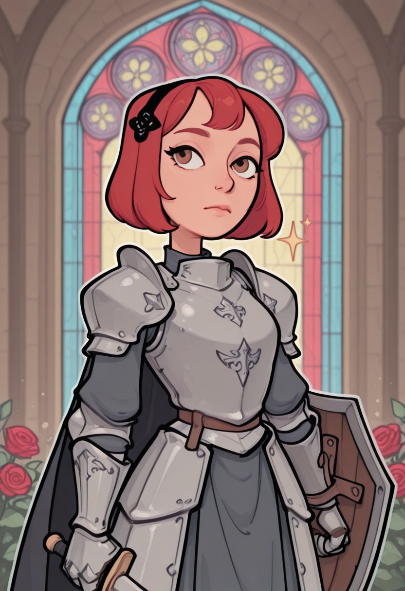 smoove,

1girl, solo, hairband, pauldrons, armor, armored dress, black hairband, bob cut, cape, closed mouth, cowboy shot, flower, gauntlets, gloves, hair ornament, holding, holding sword, holding weapon, knight, red hair, rose, shield, short hair, shoulder armor, sparkle, stained glass, sword, upper body, weapon