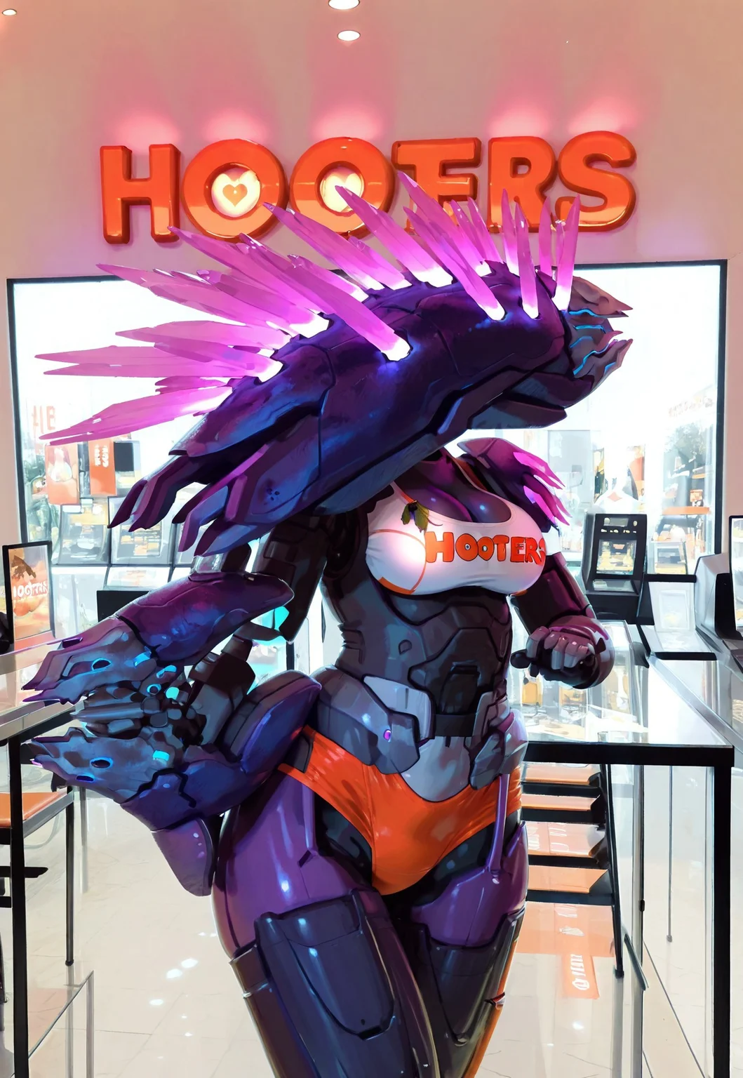 masterpiece, best quality, amazing quality, very aesthetic, absurdres, newest, needler_\(weapon\), solo, crystals, hooters outfit, no humans, hooters restaurant background