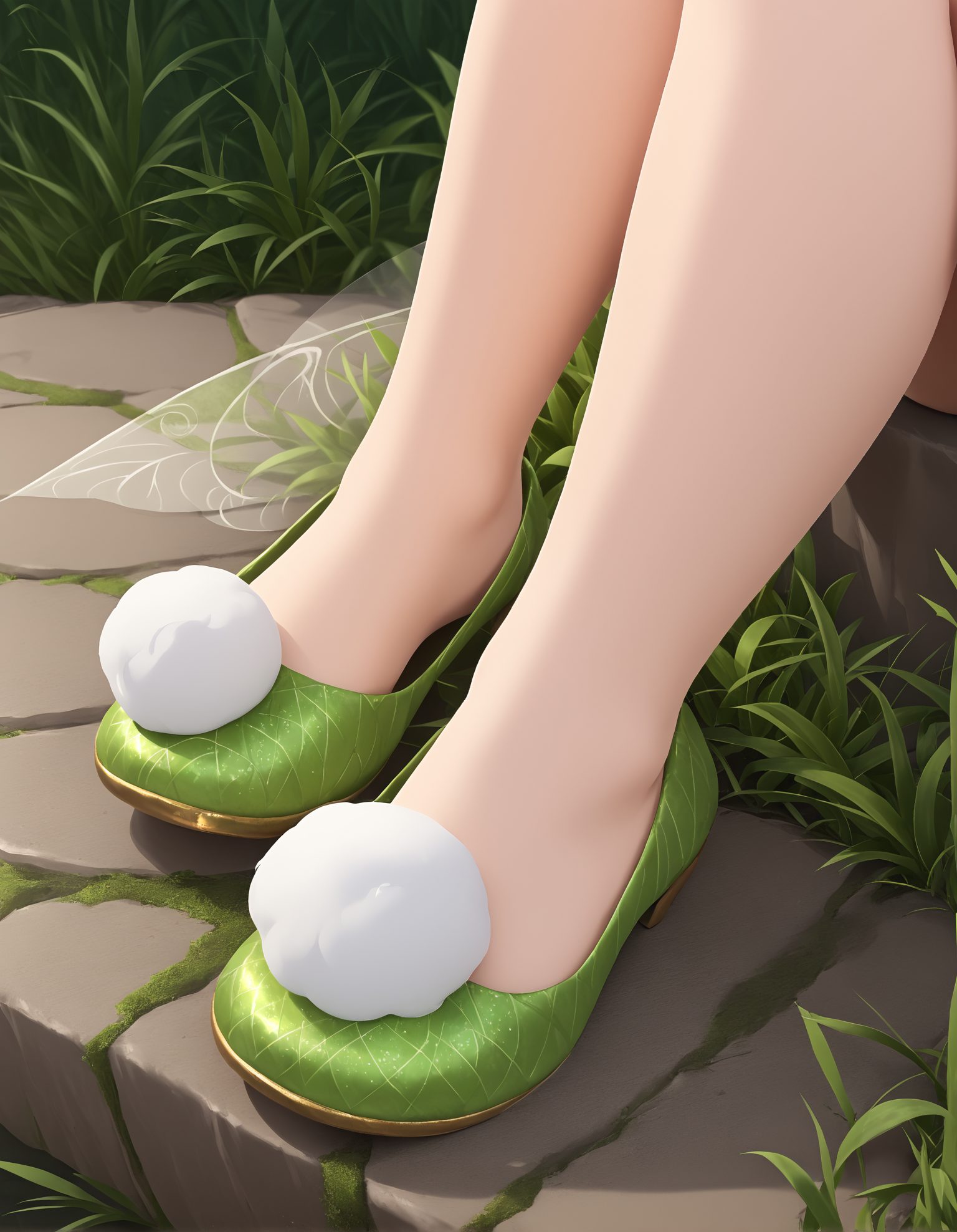 1girl, 
Tinkerbell, Fairy, Fairy wings,
sitting,
foot focus,
outdoors,
(t1nk shoes),
embedding:zPDXL2 ,