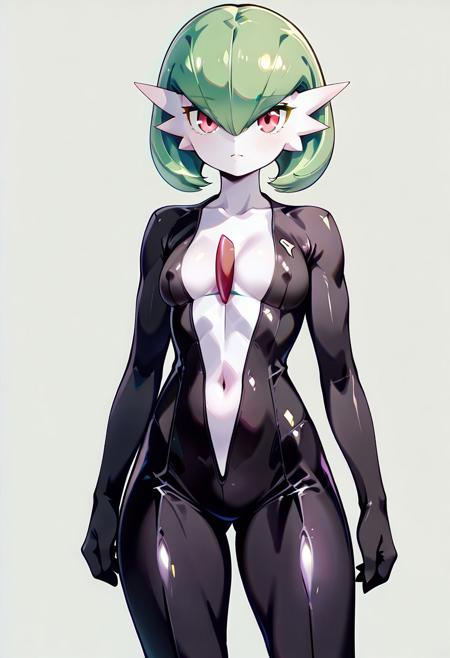 (((gardevoir))), female, Anthro, ((pale white skin)),masterpiece,best quality, 1girl,solo, gardevoir, green hair, red eyes, bangs, hair between eyes, shiny hair, multicolored hair, gradient hair, small breasts , muscular female,open suit, black and white bodysuit, cleavage, covered nipples, navel