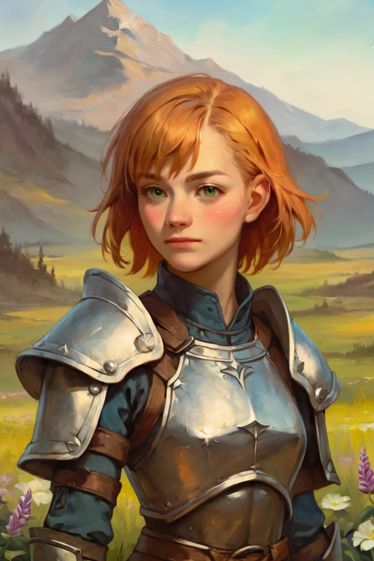 score_9, score_8_up, score_7_up, score_6_up, score_5_up, score_4_up, rating_safe, 1girl, outdoors, armor, solo, green eyes, mountain, orange hair, looking at viewer, shoulder armor, short hair, breastplate, upper body, day, sky, closed mouth, flower, blush, pauldrons, mountainous horizon, bangs, blue sky, grass <lora:Oil Painting Style XL:1>