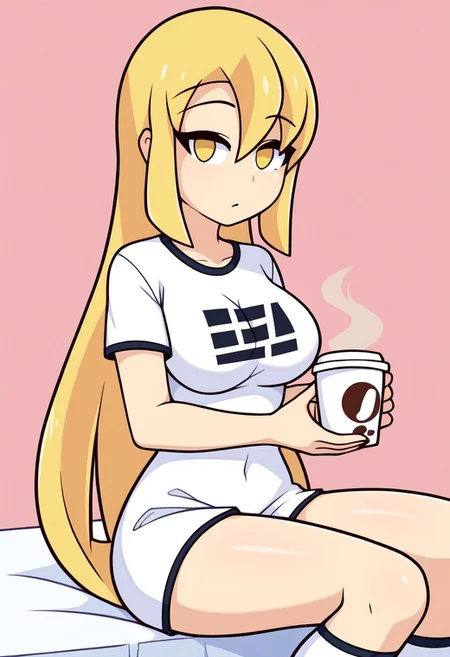 score_9, score_8_up, score_7_up, score_6_up, score_5_up, score_4_up, source_cartoon, <lora:confetti-extract- ponyxl:0.85>, detailed eyes, easynegative, rating_explicit, Expressiveh, 1girl, solo,
gwain, long hair, large breasts, blonde hair,very long hair, yellow eyes, hair between eyes, bangs,
shirt, white shirt, short sleeves, t-shirt, bottomless, socks, white socks, sitting, coffee cup, looking at viewer, morning