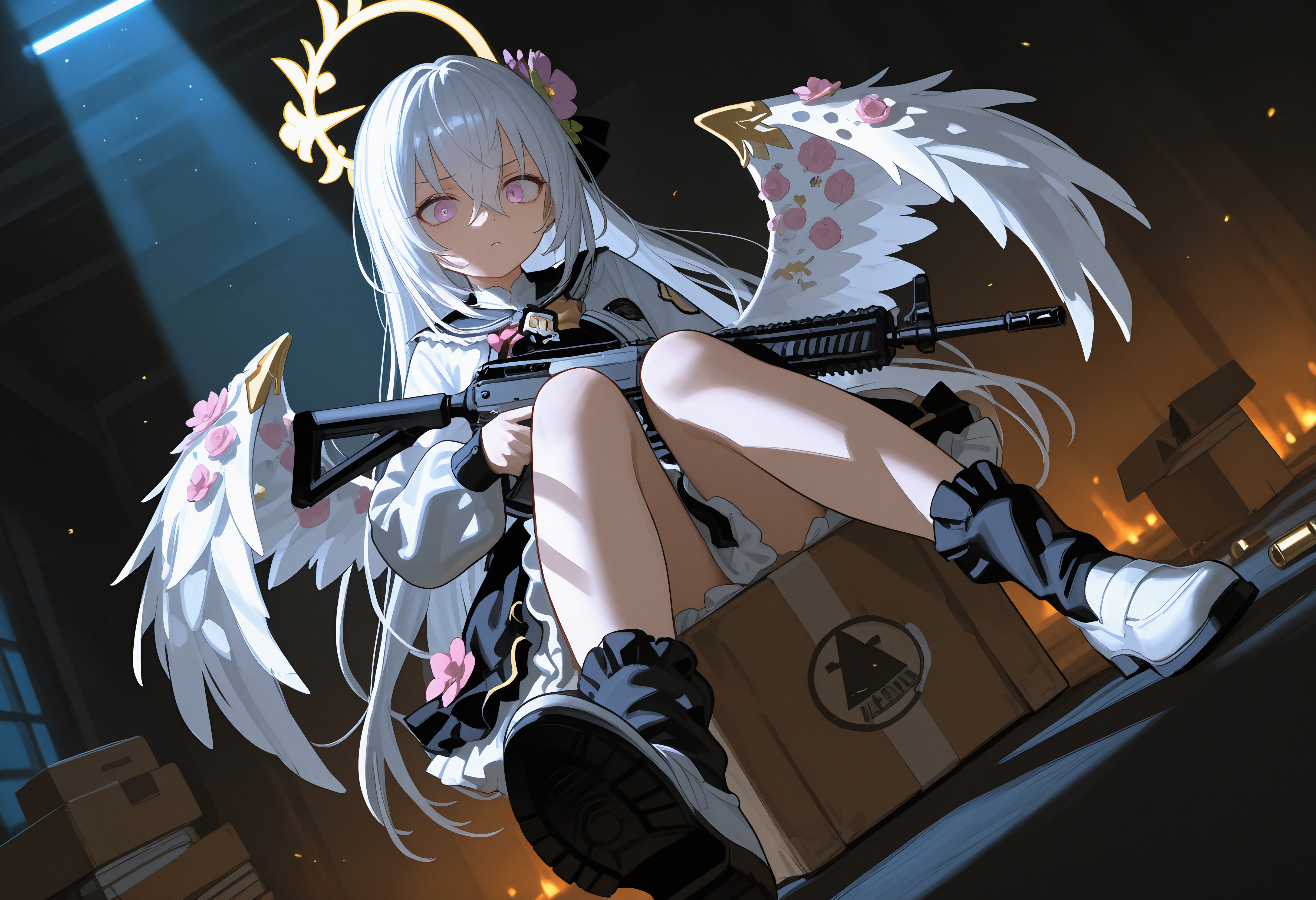azusa \(blue archive\), 1girl, solo, long hair, looking at viewer, skirt, long sleeves, hair ornament, dress, holding, hair between eyes, jacket, school uniform, purple eyes, full body, white hair, flower, weapon, frills, wings, socks, hair flower, pink eyes, holding weapon, black dress, halo, gun, white footwear, frilled dress, black socks, frilled skirt, holding gun, feathered wings, rifle, angel wings, white wings, assault rifle, m4 carbine, abstract background, sitting, box stack, shell casing, slugbox, juubako, arsenal, Arms box, full body, cinematic angle, dutch angle, Sitting on the arms box, foreshortening, from_below,shoes_focus,light rays,  <lora:None:1.0> <lora:EL3GY-V15_purged:0.4000000000000001> <lora:[Style]_Hara_ID_21_[Illustrious-XL]:1.0> <lora:SocratesaxStyle2-000009:0.30000000000000004> <lora:HonnryouHanaru-Style:0.5000000000000001> <lora:moyu:0.30000000000000004> <lora:lightingSlider:-0.8000000000000002> <lora:Dramatic_Lighting_Slider:1.0>