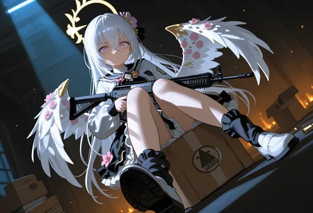 azusa \(blue archive\), 1girl, solo, long hair, looking at viewer, skirt, long sleeves, hair ornament, dress, holding, hair between eyes, jacket, school uniform, purple eyes, full body, white hair, flower, weapon, frills, wings, socks, hair flower, pink eyes, holding weapon, black dress, halo, gun, white footwear, frilled dress, black socks, frilled skirt, holding gun, feathered wings, rifle, angel wings, white wings, assault rifle, m4 carbine, abstract background, sitting, box stack, shell casing, slugbox, juubako, arsenal, Arms box, full body, cinematic angle, dutch angle, Sitting on the arms box, foreshortening, from_below,shoes_focus,light rays,  <lora:None:1.0> <lora:EL3GY-V15_purged:0.4000000000000001> <lora:[Style]_Hara_ID_21_[Illustrious-XL]:1.0> <lora:SocratesaxStyle2-000009:0.30000000000000004> <lora:HonnryouHanaru-Style:0.5000000000000001> <lora:moyu:0.30000000000000004> <lora:lightingSlider:-0.8000000000000002> <lora:Dramatic_Lighting_Slider:1.0>