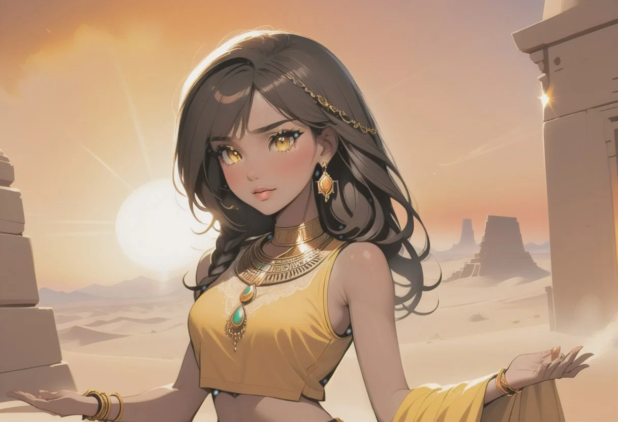 masterpiece, best quality, highres, intricate details, 4k, stunning, 1 woman, absurdres, Arabian dancer, long  black hair, side swept bangs, brown skin, tan skin, yellow jeweled Arabian dancer attire, yellow cropped top, toned midriff, transparent yellow veil,  sleeveless, backless, bracelet, bangles, armlets, waist chain, earrings, necklace, , brown eyes,  jewelries, blush, pursed lips, happy face, holding incense, praying, large sunset behind the girl,
from front, side angle, , cowboy shot, arabian desert temple, sunset time, orange sky, perfecteyes