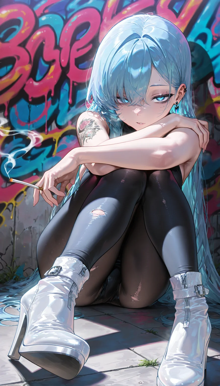 (masterpiece), best quality, amazing quality, very aesthetic, absurdres, newest, scenery, 8K, detailed face, 1girl, intricate details,
a portrait of a women, legwear, straight hair, high heels, sexy, grunge art, (looking at viewer:1.1), tattoo, blue eyes, perfect eyes, half-closed eyes, sitting, crazy shadow, blue hair, smoking, white shoes,
(solo focus:1.1), <lora:add-detail-xl:0.8>, <lora:SDXLFaeTastic2400:0.7>, graffiti, earrings, taking the pose
masterpiece, best quality, amazing quality, very aesthetic, absurdres, newest, scenery, 8K,