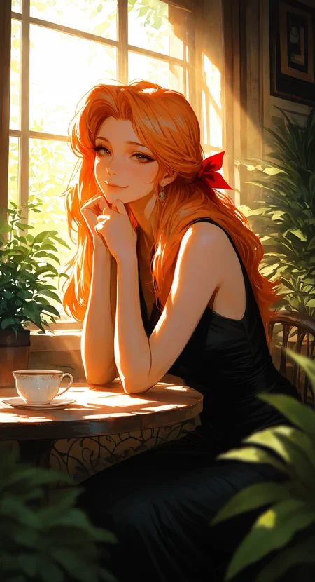 masterpiece, best quality, good quality, very awa, very aesthetic, absurdres, newest, A mature woman, bare shoulders, black dress, blurry foreground, brown eyes, orange hair, closed mouth, cup, day, dot nose, dress, earrings, elbow rest, hair ribbon, hand on own chin, holding, holding cup, indoors, jewelry, long hair, looking outside, plant, potted plant, red ribbon, ribbon, sitting, sleeveless dress, smile, solo, sunlight, table, teacup, window, bloom, sunlight,sunbeam, light rays, looking at viewer, realistic, retro_artstyle,
Wide Shot, <lora:ponyv4_noob1_2_adamW-000017:0.7> <lora:USNR_STYLE_XL_lokr:0.45> <lora:748cmSDXL:0.4> <lora:retro_scifi_artstyle_illustriousXL-000021:0.3>