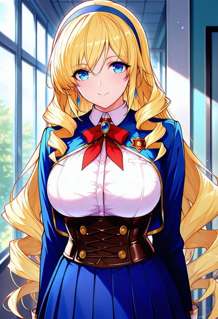 kayoBR, (absurdres, best quality, masterpiece:1.4), amazing quality, highres, newest, detailed, detailed body, detailed face, manga illustration, beautiful,
BREAK
1girl, solo, standing, smile, ShioBR, blonde hair, blue eyes, long hair, blue hairband, twin drills, corset, school uniform
