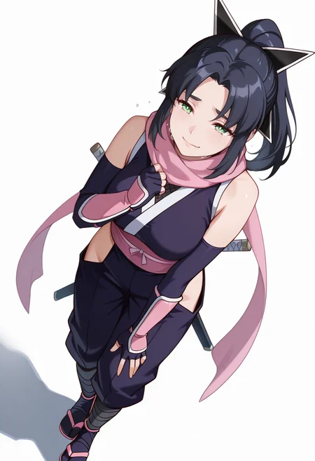 masterpiece,high quality details, ultra realistic, high detailed skin,absurdres,
hand on own leg,
<lora:Ayaka_Kusagakure:0.8>
ayaka_cnr, 1girl, black hair, long hair, ponytail,parted bangs, sidelocks, green eyes, hair ornament,
bare shoulders, ninja, japanese clothes, kimono, sash,pink scarf,fingerless gloves, elbow gloves, sandals, sheath, pink ribbon,hip vent,, simple background, white background, dutch angle,solo,, smirk,sobbing,