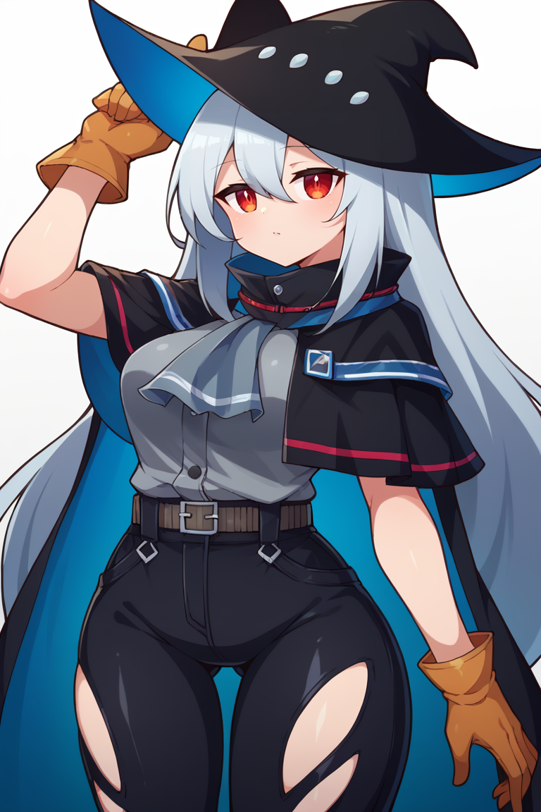 score_9, score_8_up, score_7_up, BREAK, <lora:manyakis-guy-PONYv1:1>, 1girl, solo, breasts, <lora:arknights_skadi_ponyXL:0.95> skadidef, black headwear, hat, grey shirt, ascot, black capelet, gloves, black pants, (clothing cutout, thigh cutout:1.1), belt