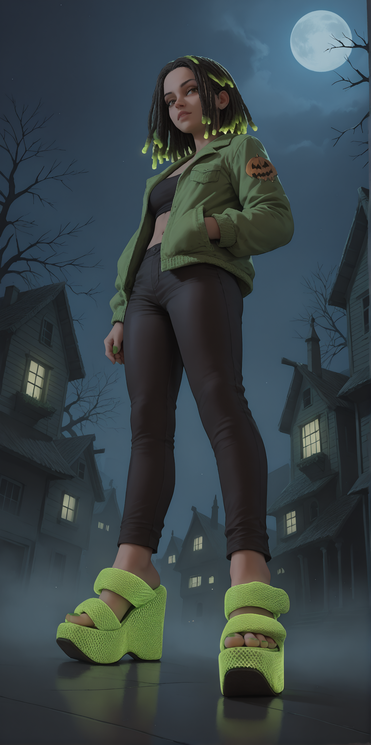 score_9, score_8_up, score_7_up, score_6_up, realistic,
wide angle, standing, low angle, foot focus, from side,
standing,
(glowing neon footwear:1.1),
(glowing neon hair:1.15),
1girl, leather pants, green short jacket, black and green hair, dreadlocks, 
ï»¿(ï»¿m3sh heels), platform footwear,
halloween scene, fog, haunted house, night,
green toenail polish,
embedding:zPDXLrl ,
embedding:zPDXL2 ,