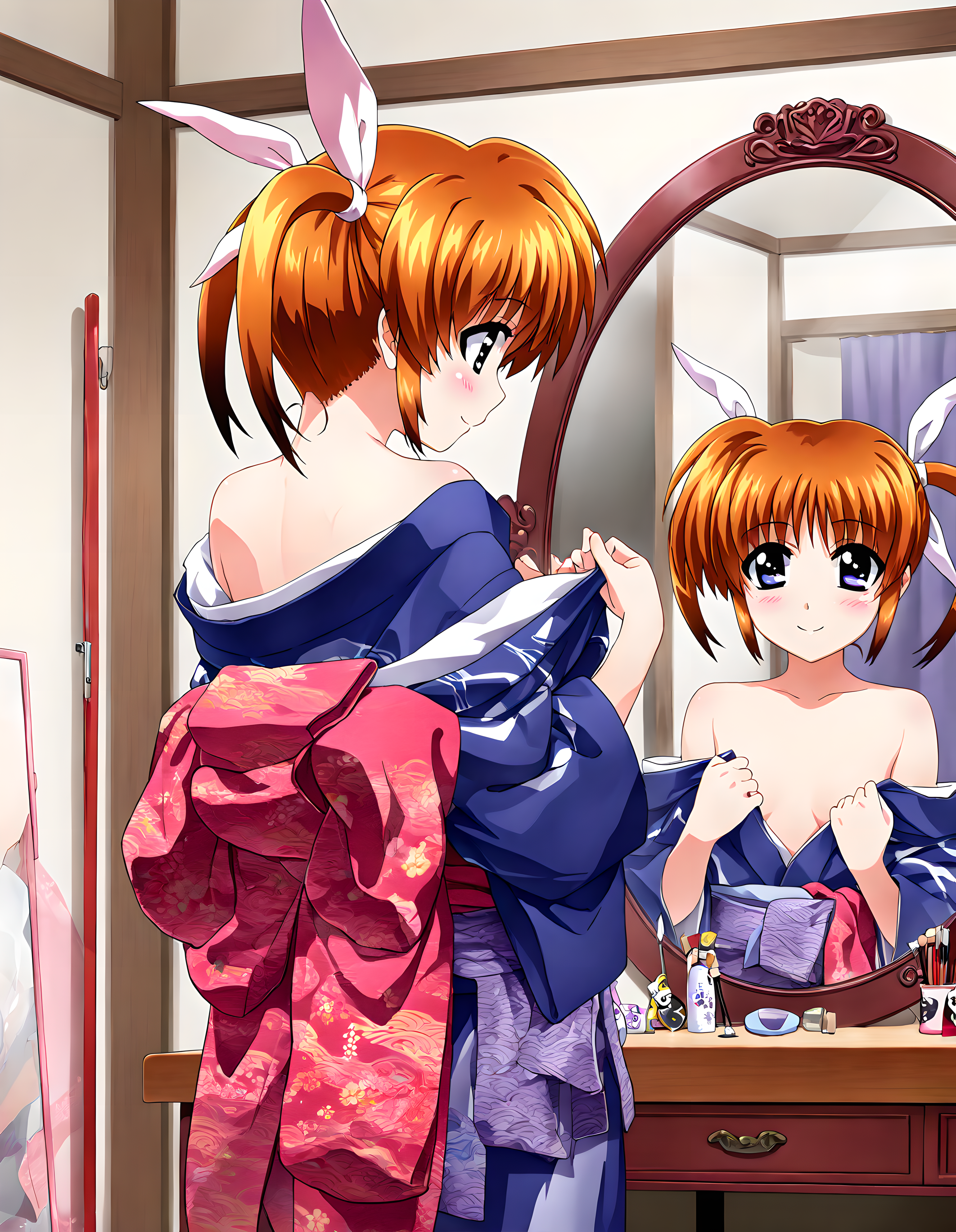 <lora:illustrious_XL_nanoha_v2:0.9>,nanoha,masterpiece,best quality,good quality,1girl,solo,japanese_clothes,unraveled obi,collarbonea,day,indoor,ownroom,bedroom,makeup table,mirror,reflection,undressing,cowboy_shot,from_back,smile,light_blush,
