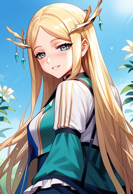 zPDXL3, score_9_up, score_8_up, score_7_up, (Anime_source), 1girl, AudreyArarat, blue eyes, blonde hair, long hair, Audrey clothes, upper body, looking at viewer, (looking back), parted lips, smile, little blush