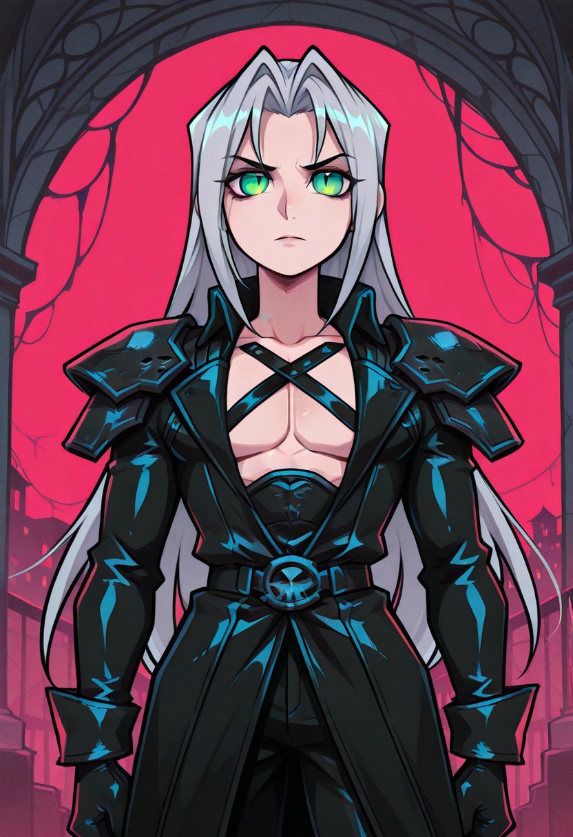 score_9,score_8_up,score_7_up,score_6_up, masterpiece, best quality, very aesthetic, 2d, ((thin lines)), vibrant saturated colors,
volumetric lighting, cinematic lighting, moody lighting, dramatic shadows,
detailed background, 
BREAK sephiroth, official outfit grey hair, long hair, very long hair, parted bangs, armor, open clothes, shoulder armor, long sleeves, pectorals, black jacket, jacket, black gloves, high collar, long bangs, black coat, green eyes, slit pupils, gothic noir background