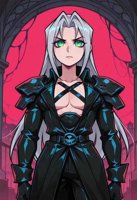 score_9,score_8_up,score_7_up,score_6_up, masterpiece, best quality, very aesthetic, 2d, ((thin lines)), vibrant saturated colors,
volumetric lighting, cinematic lighting, moody lighting, dramatic shadows,
detailed background,
BREAK sephiroth, official outfit grey hair, long hair, very long hair, parted bangs, armor, open clothes, shoulder armor, long sleeves, pectorals, black jacket, jacket, black gloves, high collar, long bangs, black coat, green eyes, slit pupils, gothic noir background