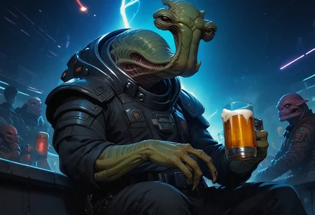 score_9, score_8_up, score_7_up, BREAK, source_anime, an
ithorian hammerhead alien on a space station, sitting at a space bar holding a beer, alien stripper dancing in the background, neon BAR sign in background, dramatic lights