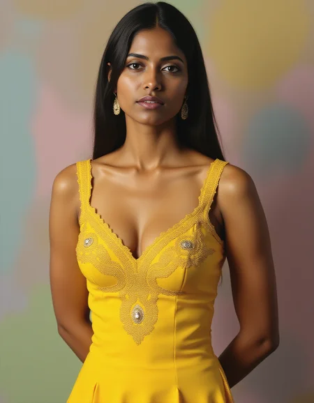 cowboy shot photo of de51 medium woman, thin waist with hourglass figure, hyper realistic candid photo, serious,studio quality, wearing intricate conservative sleeveless Yellow Gota Patti Suit (Rajasthani embellished dress), straight hair, pastel shaded multicolored background, cinematic lighting, <lora:Desi_Coffee_Flux_Kohya_LoRA_v3:0.8>âââ