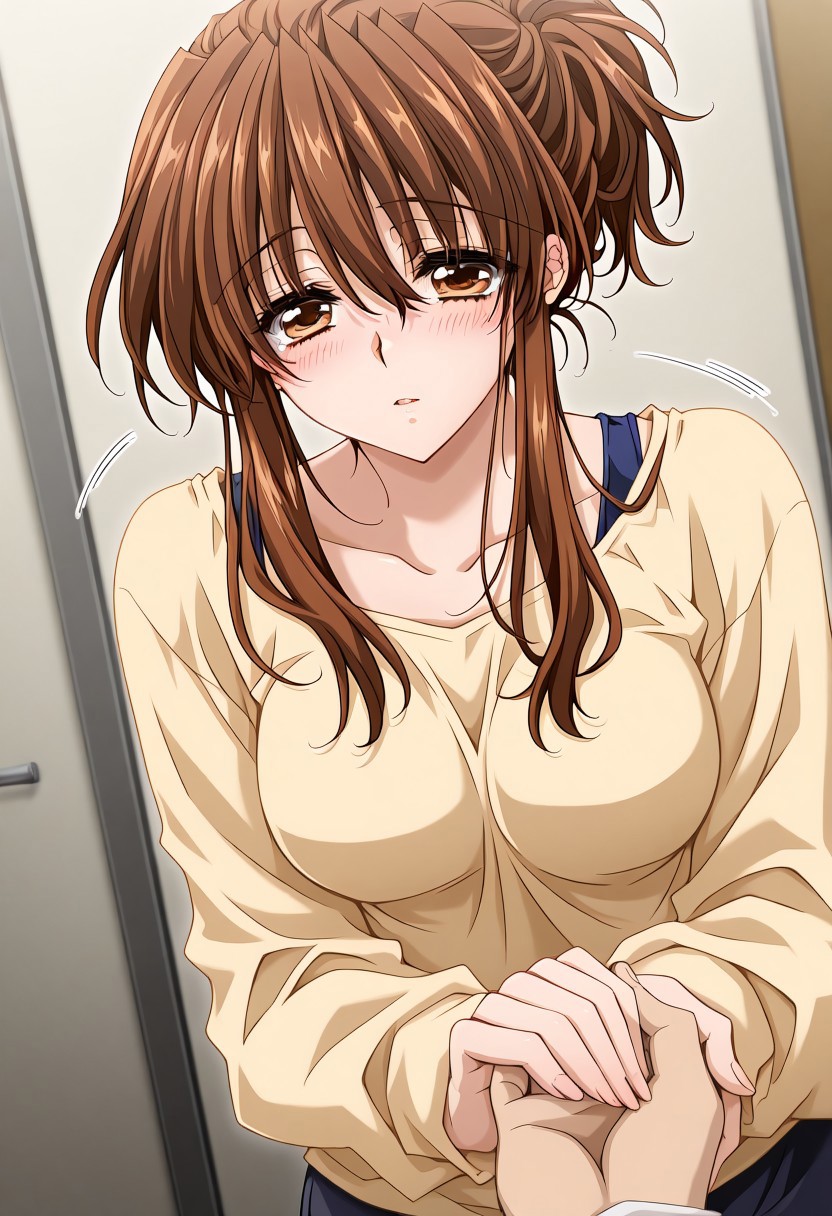 masterpiece, best quality, newest, highres, uncensored, 1girl, yokota mamoru style,1girl, slender face，motion lines, ,Kudou Chiharu,Brown Hair, Long Hair,brown Eyes, Tareme Eyes,Slim
1girl, solo, blush, brown eyes, holding hands, solo focus, long sleeves, dutch angle, out of frame, pov, sidelocks, breasts,Supportive eyes, giving strength and courage.