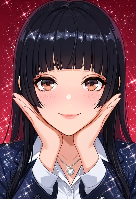 (masterpiece, high quality, amazing detail), highres, (glitter effect:1.5), moot me up, (sparkle effect), 1girl, solo, black hair, long hair, shirt, jewelry, school uniform, hime cut, looking at viewer, blush, necklace, white shirt, jacket, smile, collared shirt, blunt bangs, brown eyes, lips, red eyes, suit jacket, dress shirt, hand pose, red background, <lora:Moot_me_up_-_glitter_effect:1.2>