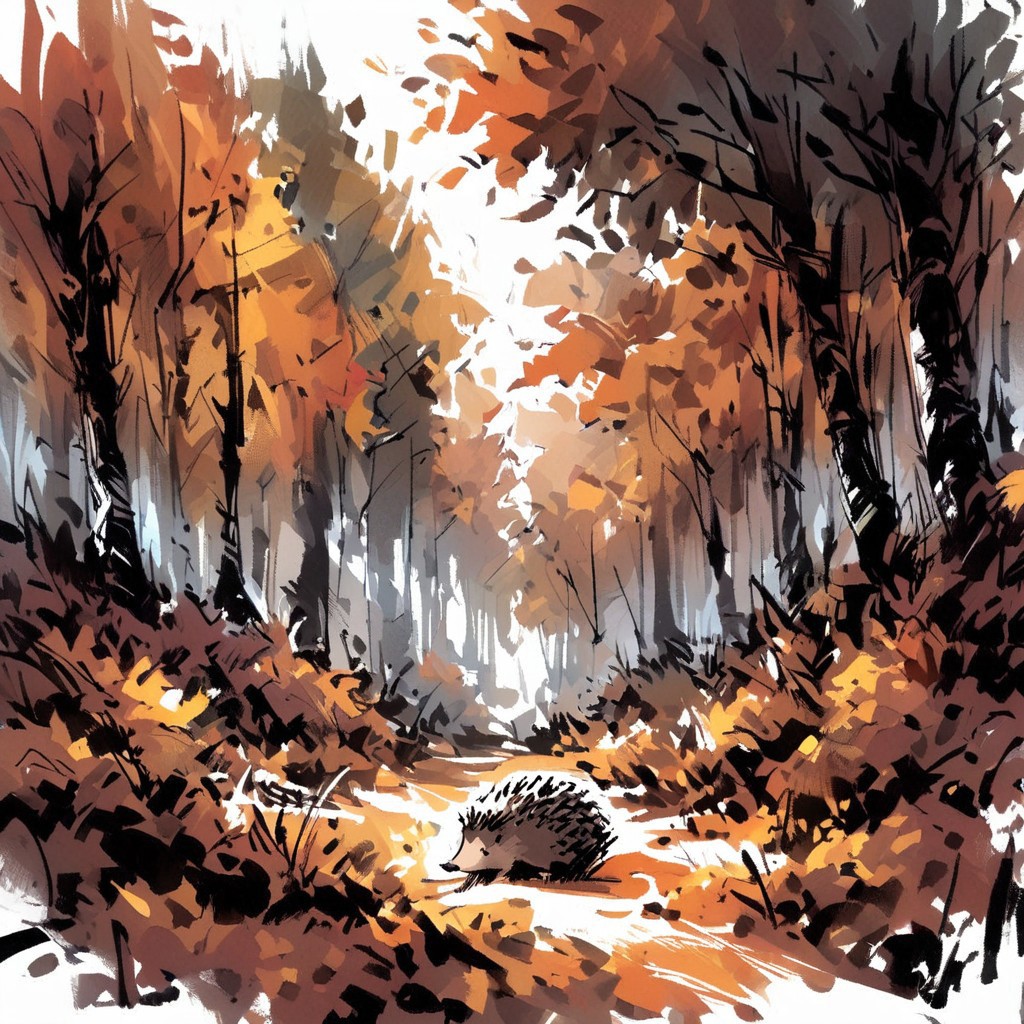 inksketch, a hedgehog, forest, autumn colors