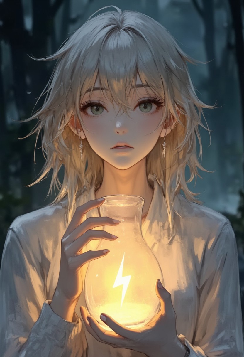 anime,featuring a woman with a pale,almost translucent complexion. her hair is platinum blonde,woman holding a glowing vial with a yellow lightningbolt symbol inside