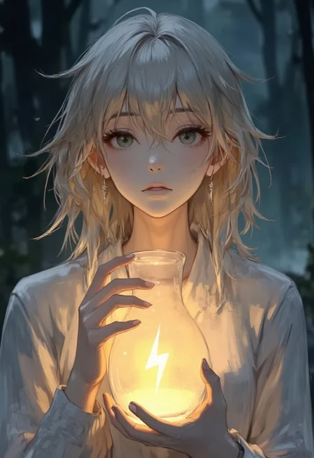 anime,featuring a woman with a pale,almost translucent complexion. her hair is platinum blonde,woman holding a glowing vial with a yellow lightningbolt symbol inside