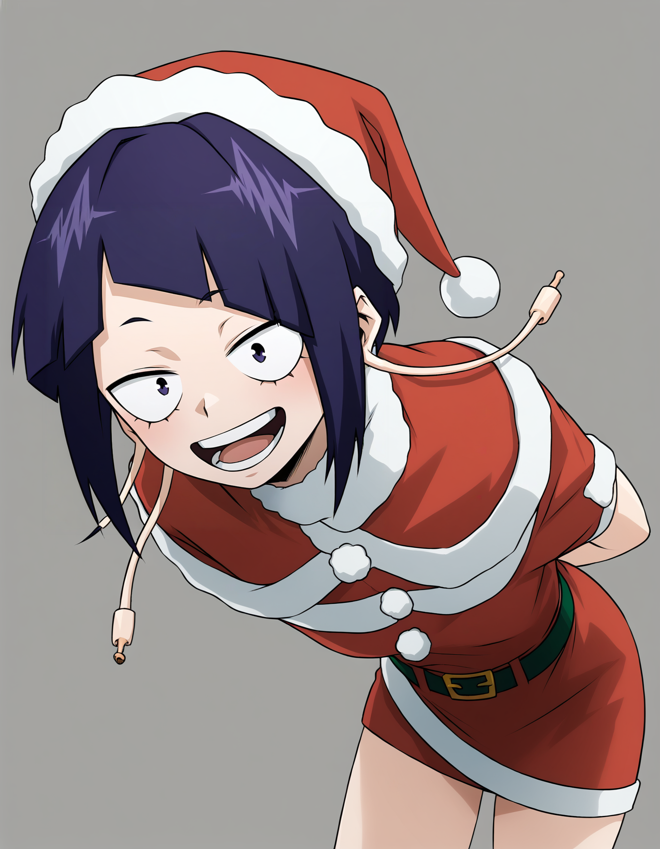 <lora:Kyoka Test:1>, kyouka jirou, Santa outfit, simple background, laugh, hands behind back, leaning forward, cute