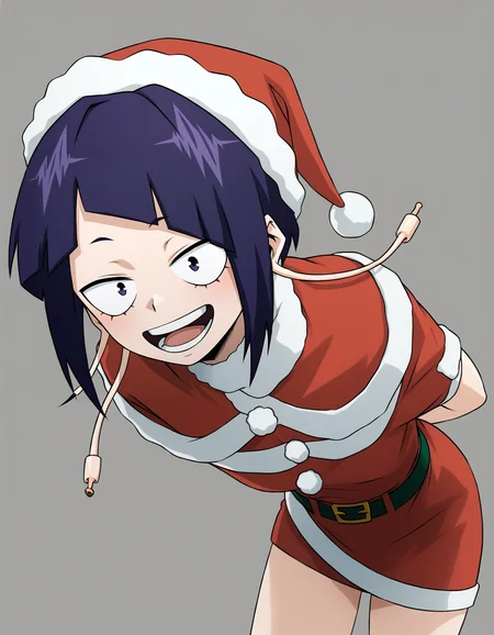 <lora:Kyoka Test:1>, kyouka jirou, Santa outfit, simple background, laugh, hands behind back, leaning forward, cute