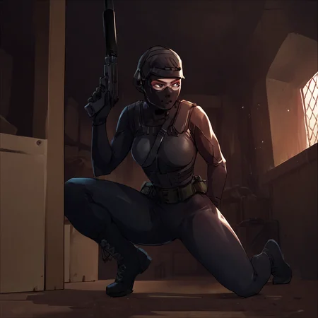 score_9, score_8_up, score_7_up, score_6_up, score_5_up, score_4_up, source_anime, black_ops_assassin, military, sneaking, bunker, rifle, aiming