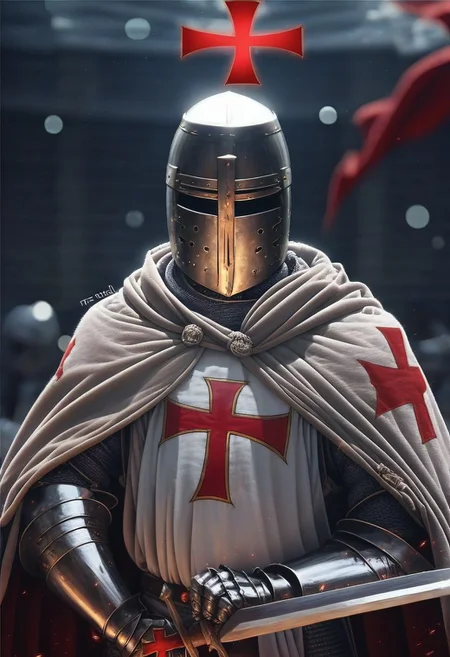 score_9, templar, knight, helmet, armor, blurry background, cross, gauntlets, blurry, cape, holding, upper body, solo, raising sword, battle, motion, shallow depth of field, bokeh, wallpaper, red cross templar logo