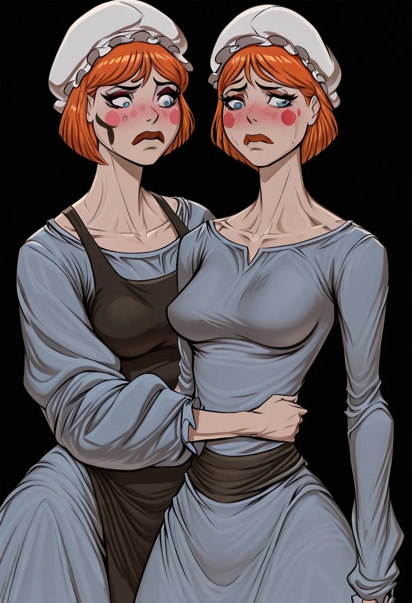 solo, masterpiece,best quality,amazing quality, 8k, high contrast, very aesthetic, absurdres, (close up:1.2), (cowboy shot), (source_western), xdeedeex, orange hair, short hair, blue eyes, makeup, blush stickers, (facepaint), (skinny:1.2), (very perky medium breasts:1.2), wide hips, (sad:1.2), (miserable), frown, wide eyes, eyelashes, AmishWife, (baggy clothes), mob cap,dress, apron, long dress, long sleeves, (black background:1.2),