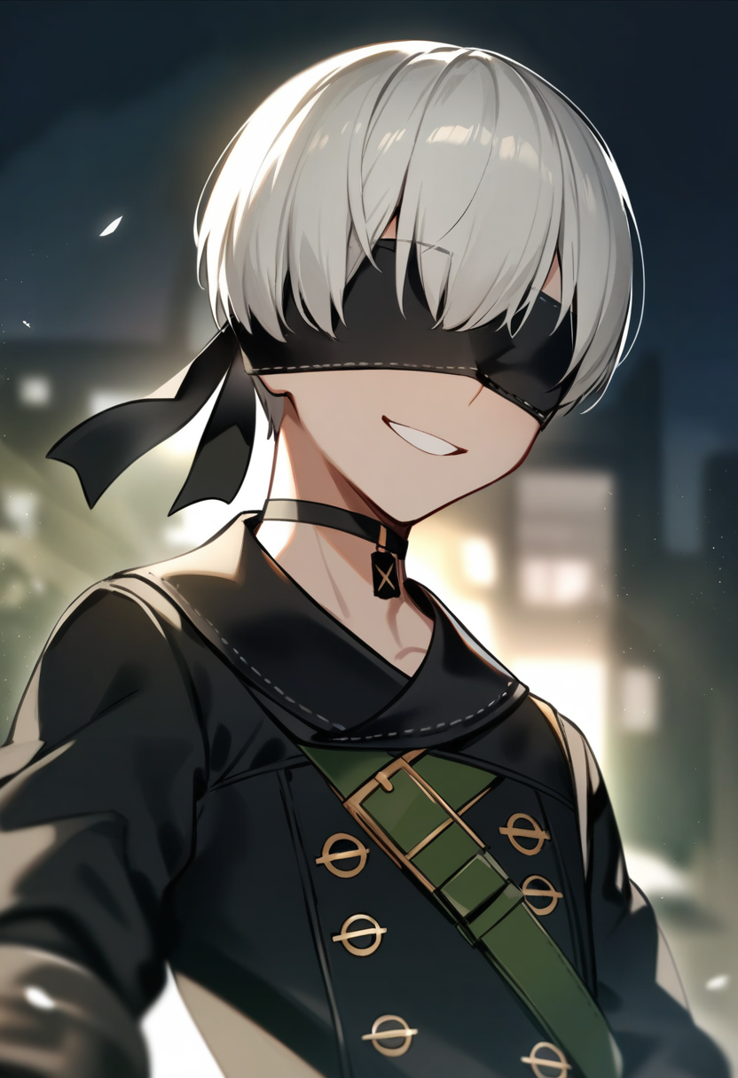 masterpiece,best quality,very aesthetic,absurdres,<lora:9s_a3:1>,9s_\(nier:automata\), bad_id, gloves, blindfold, male_focus, smile, black_gloves, bad_pixiv_id, upper_body, black_jacket, solo, 1boy, jacket, facing_viewer