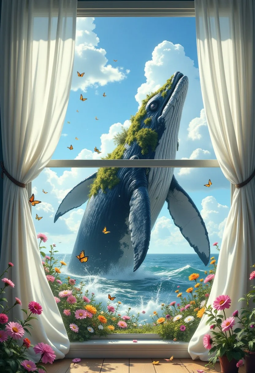 Surrealism, beauty, a whale floating upside down in the sky outside the window. Whale falling, whale dying, white translucent curtains, blowing in the wind, green moss growing on the whale, flowers, sunlight shining on the whale, colorful, bright tones, the smell of spring. Butterflies flying around the whale, incredible details, —no ocean, sea water, 16K