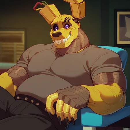 score_9_up, score_8_up, score_7_up, high quality, detailed, male, solo male, SpringtrapKJ, 1boy, mature male, anthro, rabbit, animatronic, robot, olive yellow body, claws, animal ears, black sclera, purple eyes, muscular male, buff, looking at viewer, smiling, indoors, living room, sitting in lounge chair, half-body, bust shot, gray shirt, black pants