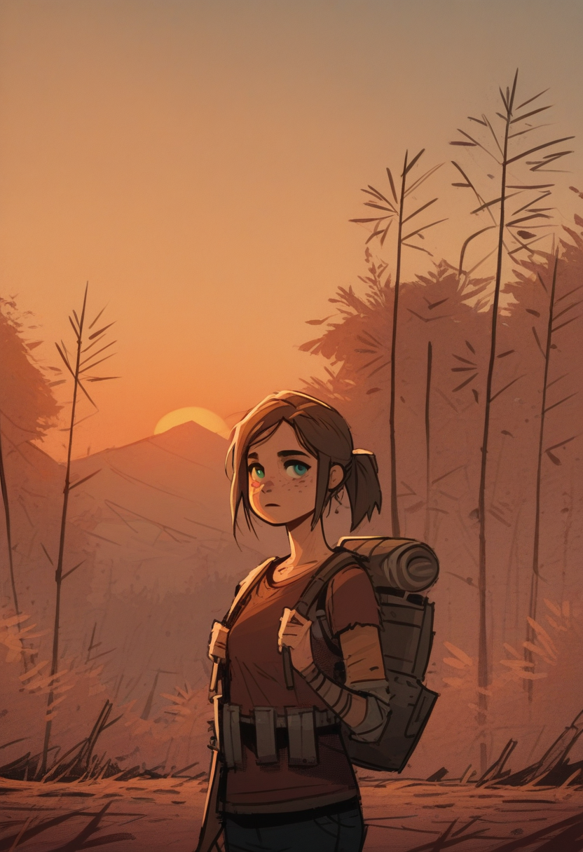 a13xstyle, sketch, masterpiece, best quality, solo,                                                                                  ellie\(the last of us\), green eyes, ponytail, freckles,  eyebrow raised, wooded area, trees, backpack,,  red shirt, sunset, warm colors,