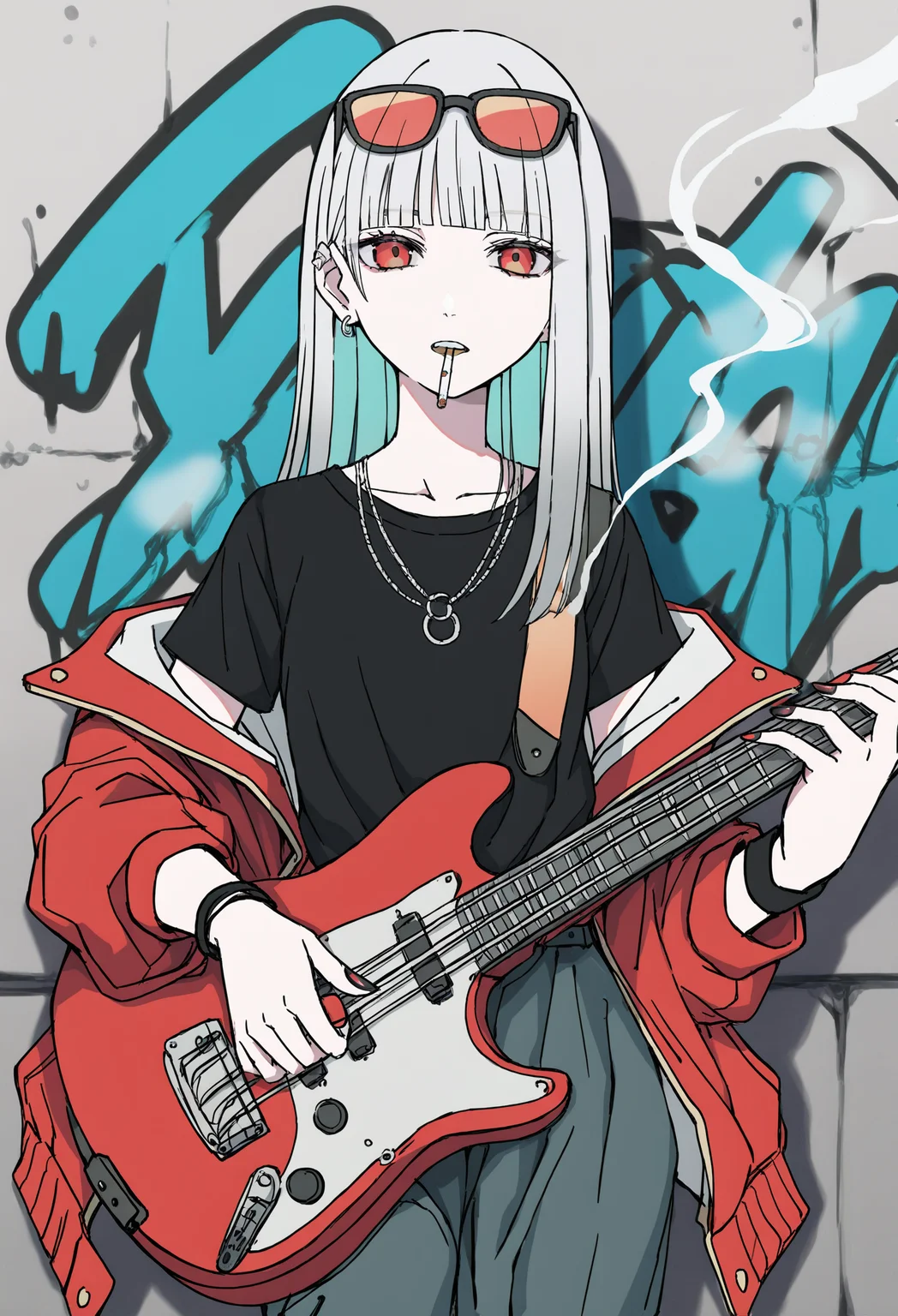 1girl,
guitar, solo, instrument, cigarette, electric guitar, smoking, shirt, jewelry, pants, smoke, long hair, black shirt, holding, multicolored hair, red eyes, looking at viewer, eyewear on head, necklace, jacket, off shoulder, wristband, sunglasses, earrings, graffiti, tinted eyewear, grey hair, short sleeves, holding instrument, cowboy shot, t-shirt, white hair, nail polish, blunt bangs, plectrum
masterpiece, red jacket,
.
best quality, very aesthetic, absurdres
<lora:hakuhiruoeoefornoob:0.95>