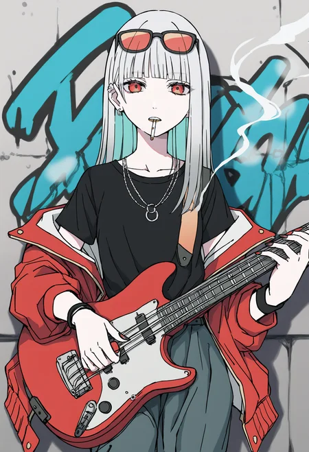 1girl,
guitar, solo, instrument, cigarette, electric guitar, smoking, shirt, jewelry, pants, smoke, long hair, black shirt, holding, multicolored hair, red eyes, looking at viewer, eyewear on head, necklace, jacket, off shoulder, wristband, sunglasses, earrings, graffiti, tinted eyewear, grey hair, short sleeves, holding instrument, cowboy shot, t-shirt, white hair, nail polish, blunt bangs, plectrum
masterpiece, red jacket,
.
best quality, very aesthetic, absurdres
<lora:hakuhiruoeoefornoob:0.95>