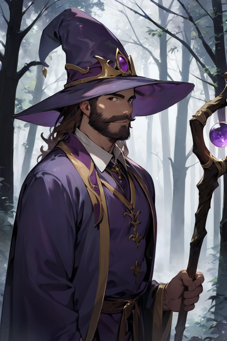 score_9, score_8_up, score_7_up, rating_safe, 1boy, solo, male focus, mature male, wizard, long hair, brown hair, black eyes, looking at viewer, hat, facial hair, beard, mustache, staff, wizard hat, purple hat, shirt, collared shirt, robe, purple robe, cloak, holding, holding staff, upper body, standing, outdoors, forest, nature, tree, fog, dark background <lora:Anime Summer Days Style SDXL_LoRA_Pony Diffusion V6 XL:0.8>