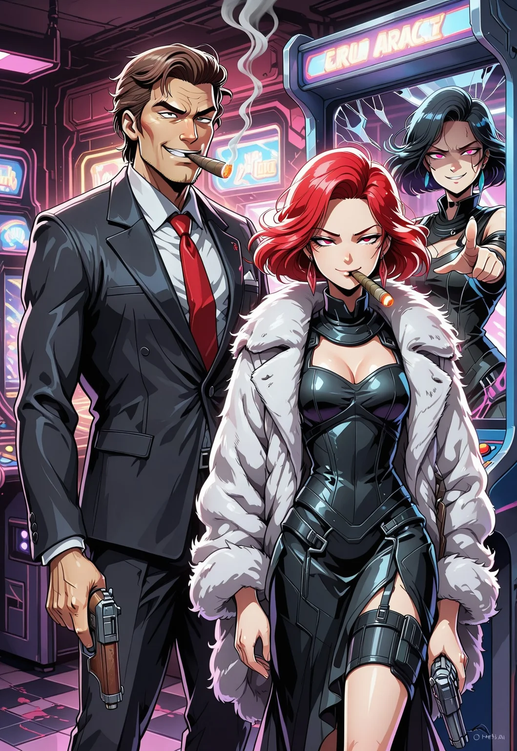 masterpiece, best quality, absurdres, 1 handsome manly man, cigar on mouth, smoking cigar, smoke, blood splatter, 1 woman, sexy secretary, evil couple, smirk, holding gun, raising gun, pointing gun at viewers, broken mirror effect, fur coat, black suit, black dress, in arcade_style, highly detailed, neon colors, glowing outlines, stylized lighting, retro 80s palette, vibrant background, cinematic, digital art, concept art, Arcade_Style, arcade_vibe, arcadiaFX, neon_arcadia